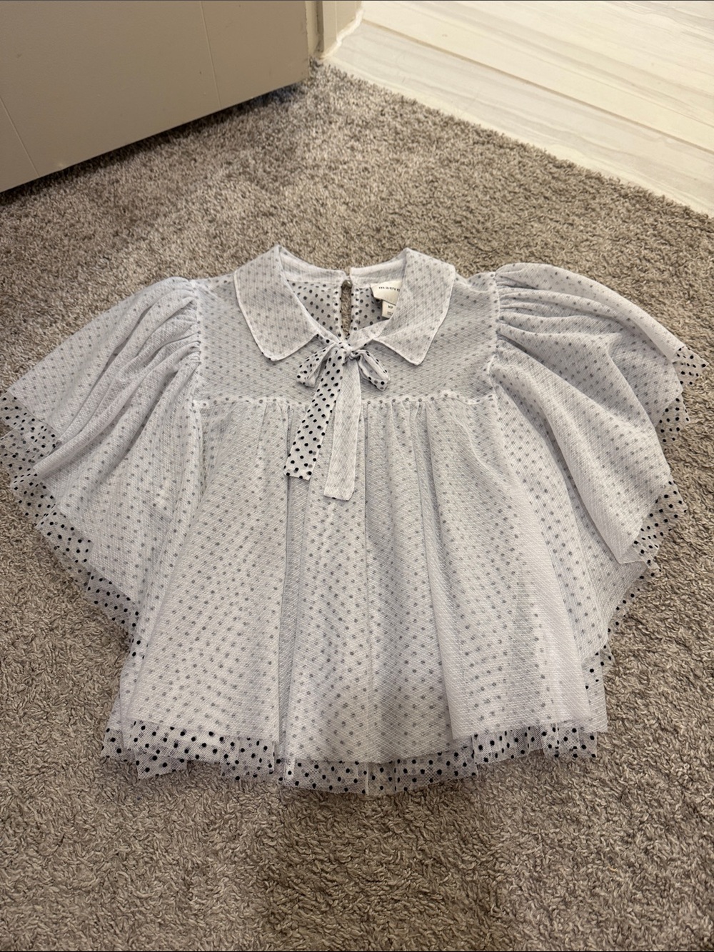 Maeve Light Gray Polka Dot Mesh Tie-Neck Top